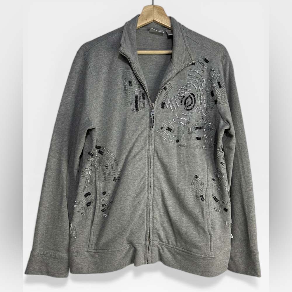Zenergy by Chico's Grey Beaded Zip Front Jacket Size 2 (Large)